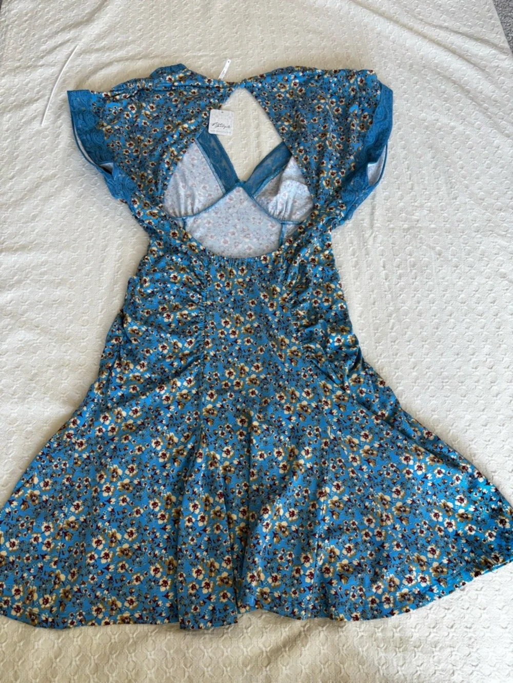 Free People Blue Floral Lace-Trim Open-Back Mini Dress - Picture 11 of 12